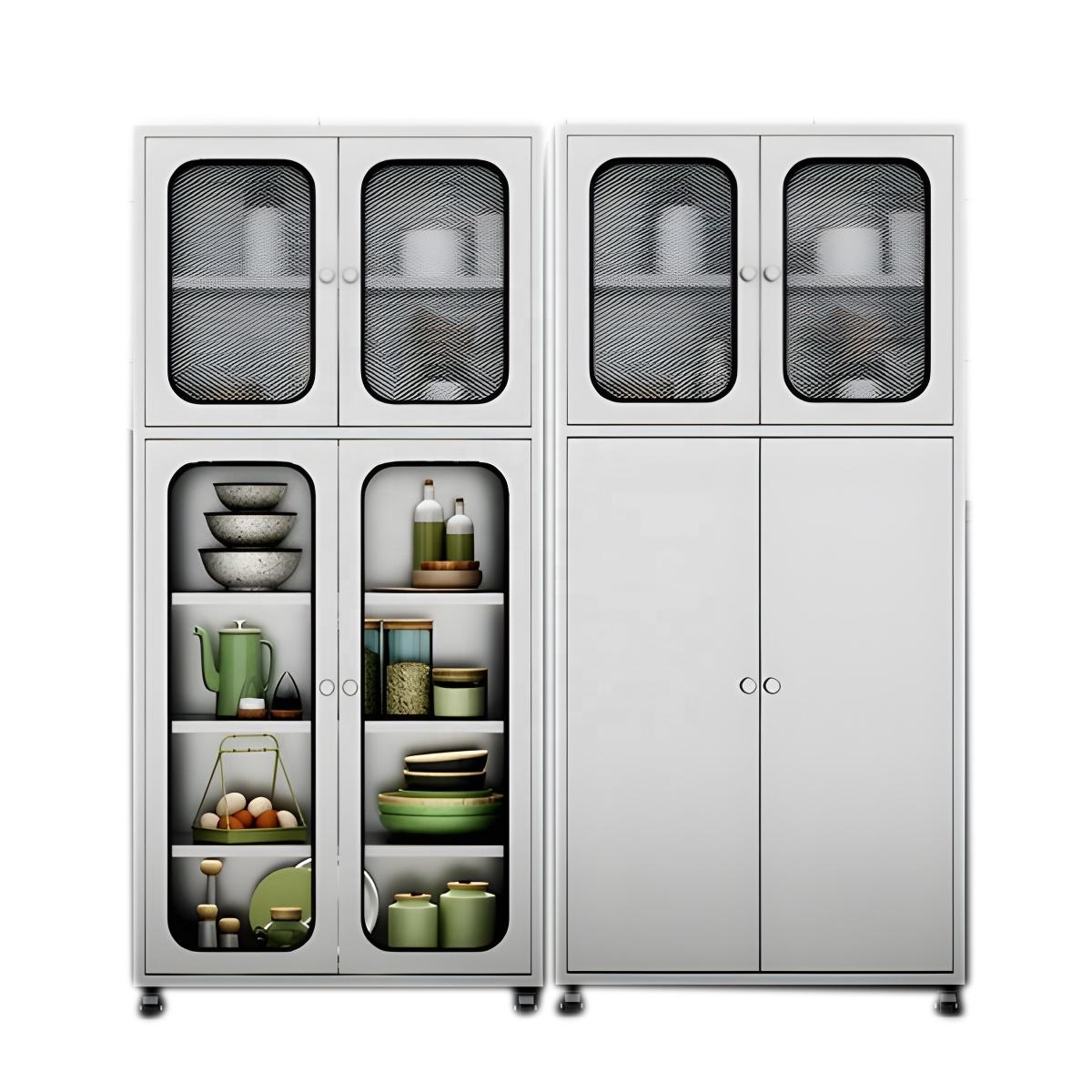 Stainless Steel Kitchen Cabinets Glass Door Mesh Metal Cookware Storage Household Kitchen Sideboards Door Kitchen Islands Carts