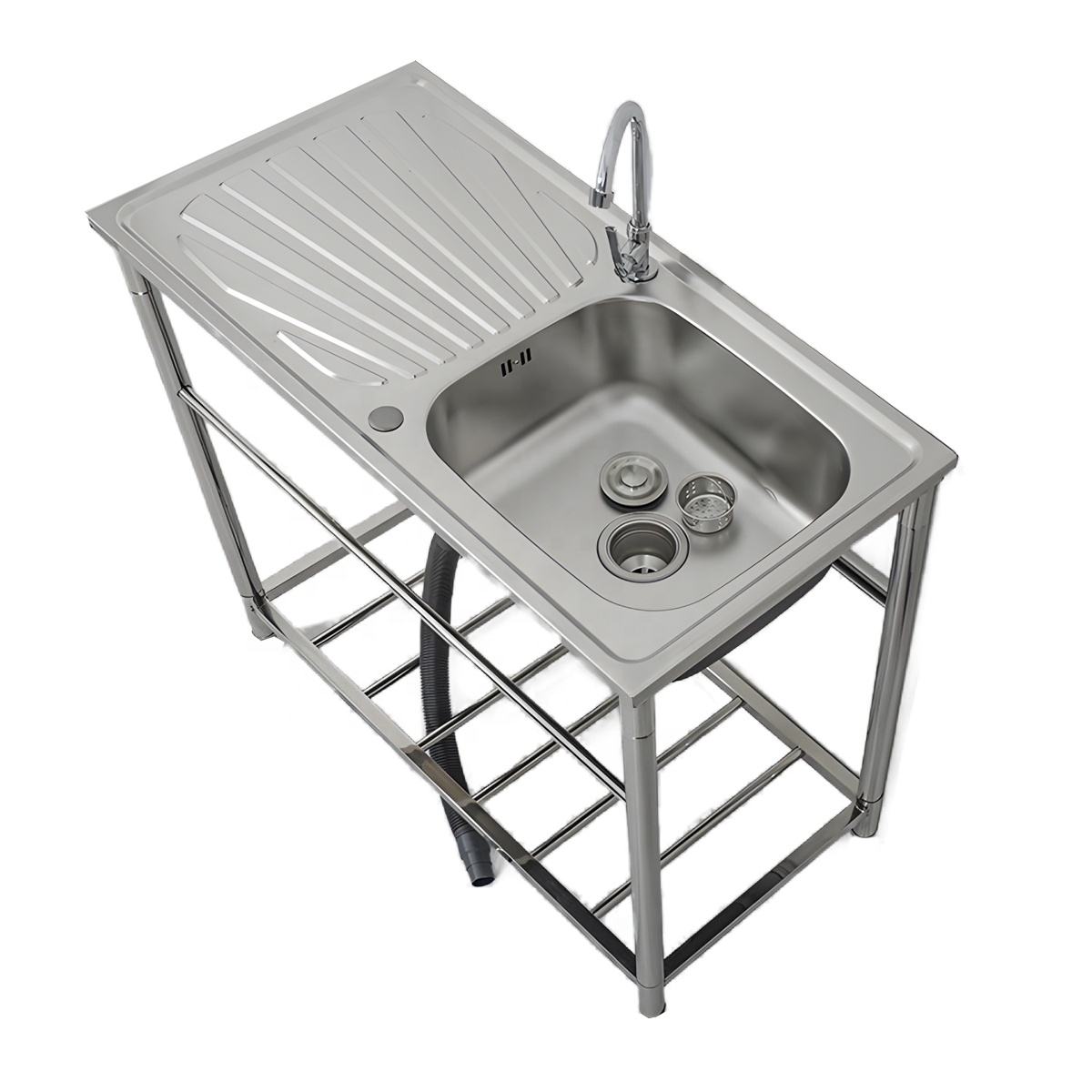 Free Standing Stainless Steel Kitchen Sink Dishwash Cleaning Plate with Storage Shelf & Board Single Bowl Style 1 Hole
